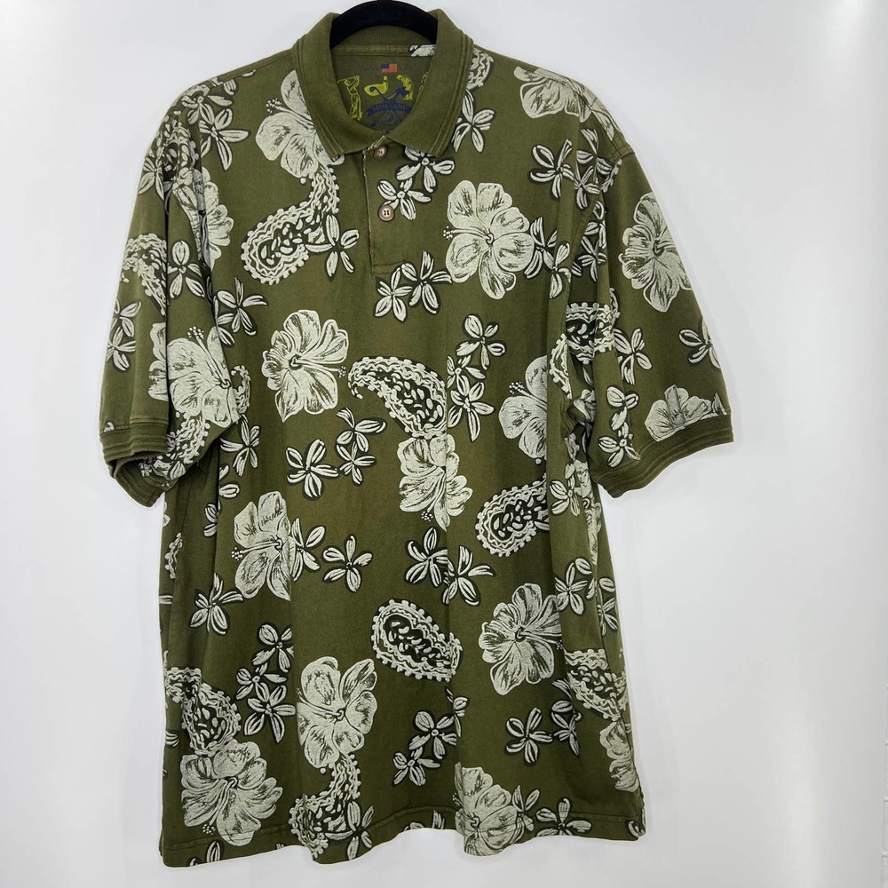 The Skins Game Golf Polo Hawaiian Floral Olive Green Short Sleeve Size Large
